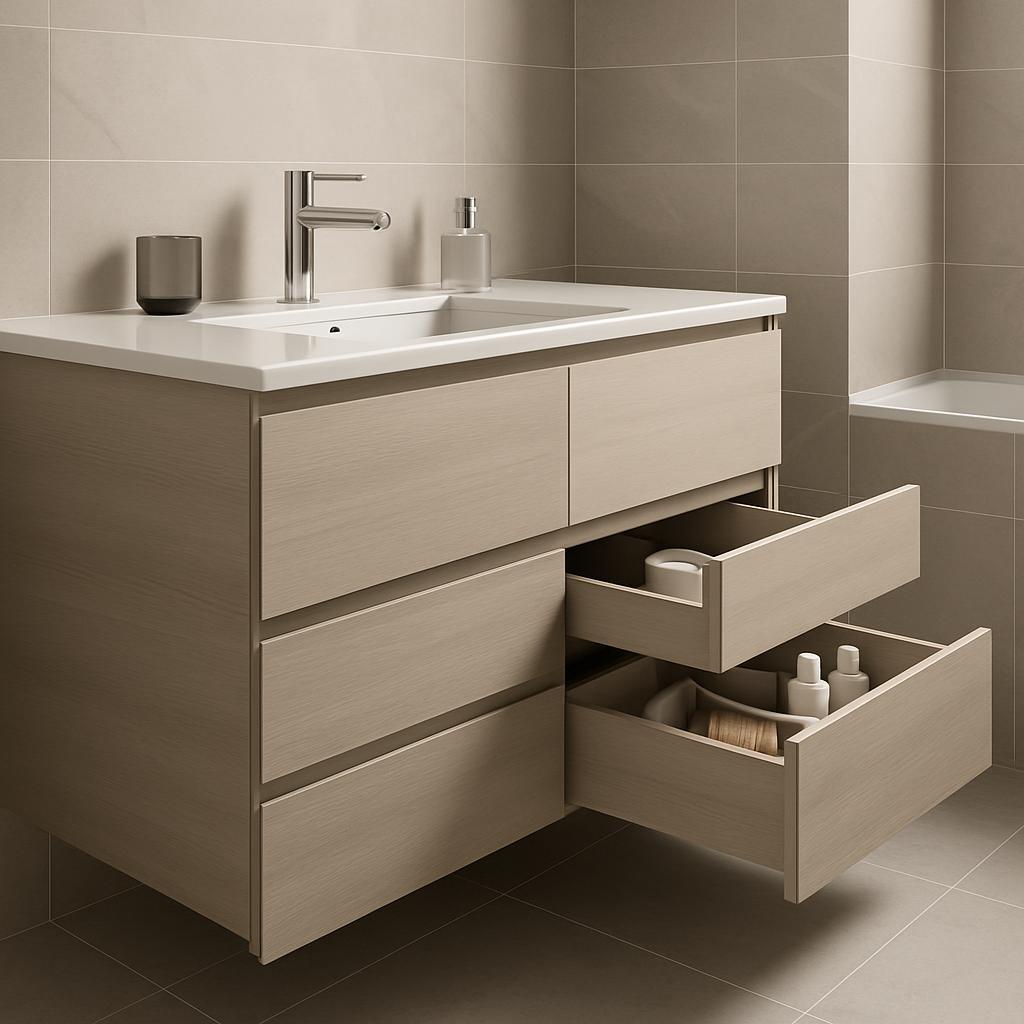 A modern bathroom vanity with a sink and open drawers.
