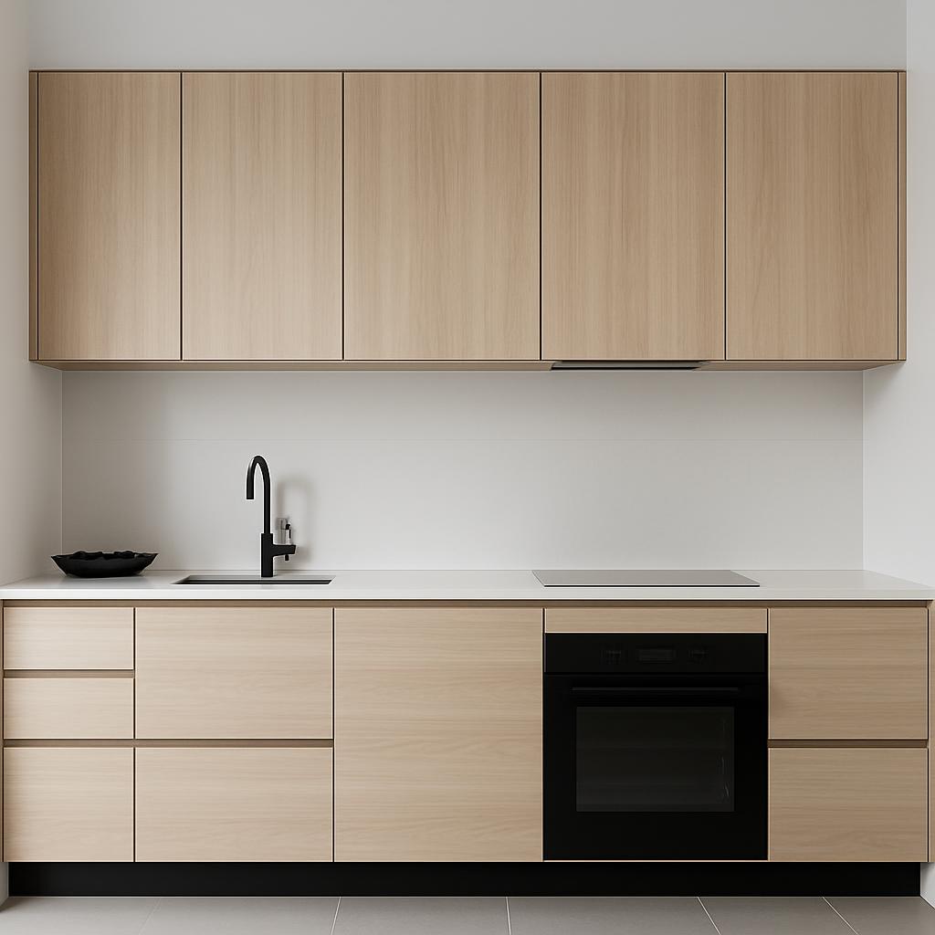 A modern kitchen with light wood cabinets and white countertops, featuring a black sink, faucet, and stove.