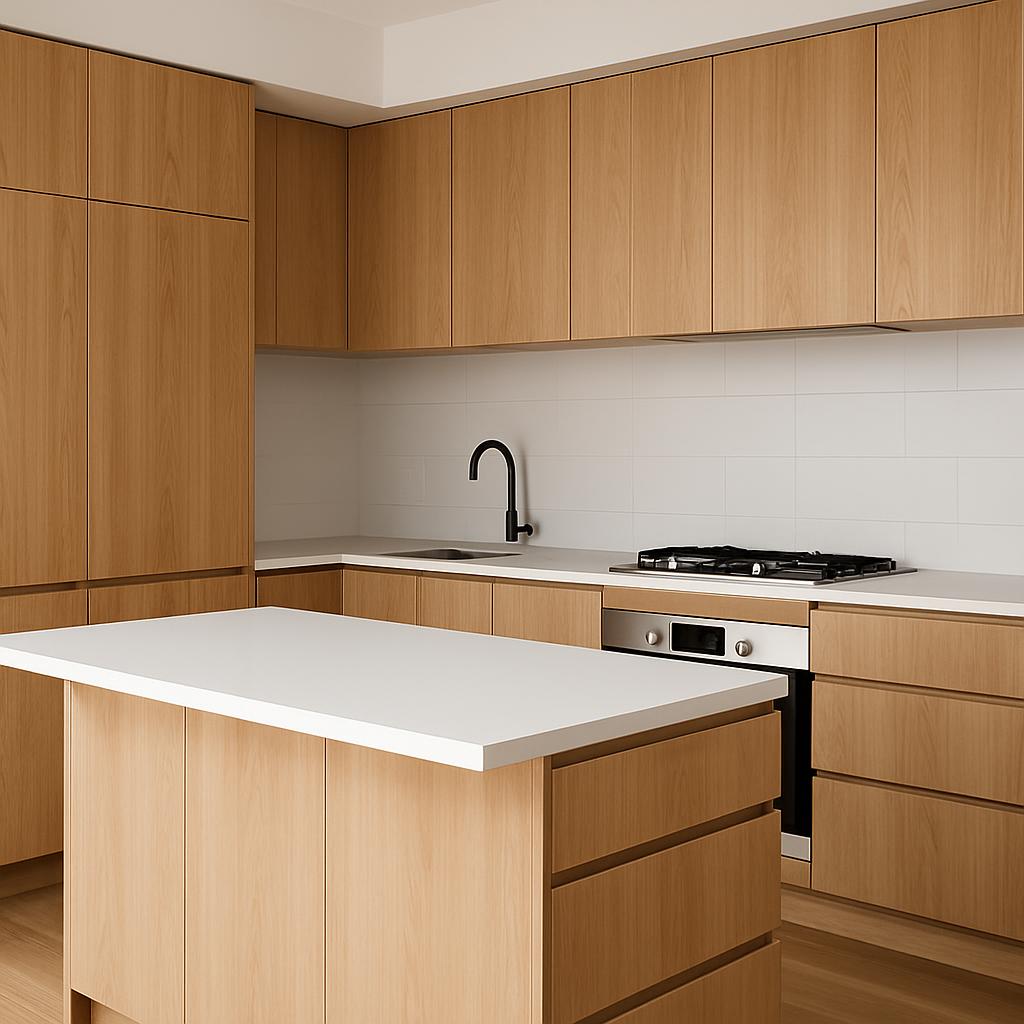 A modern kitchen with wooden cabinets, white countertops, and a black faucet and stove. The background features white tile...